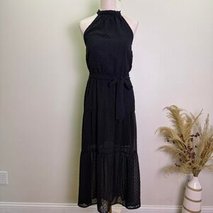 PrettyGarden Size S Black Swiss Dot Halter Tiered Maxi Dress